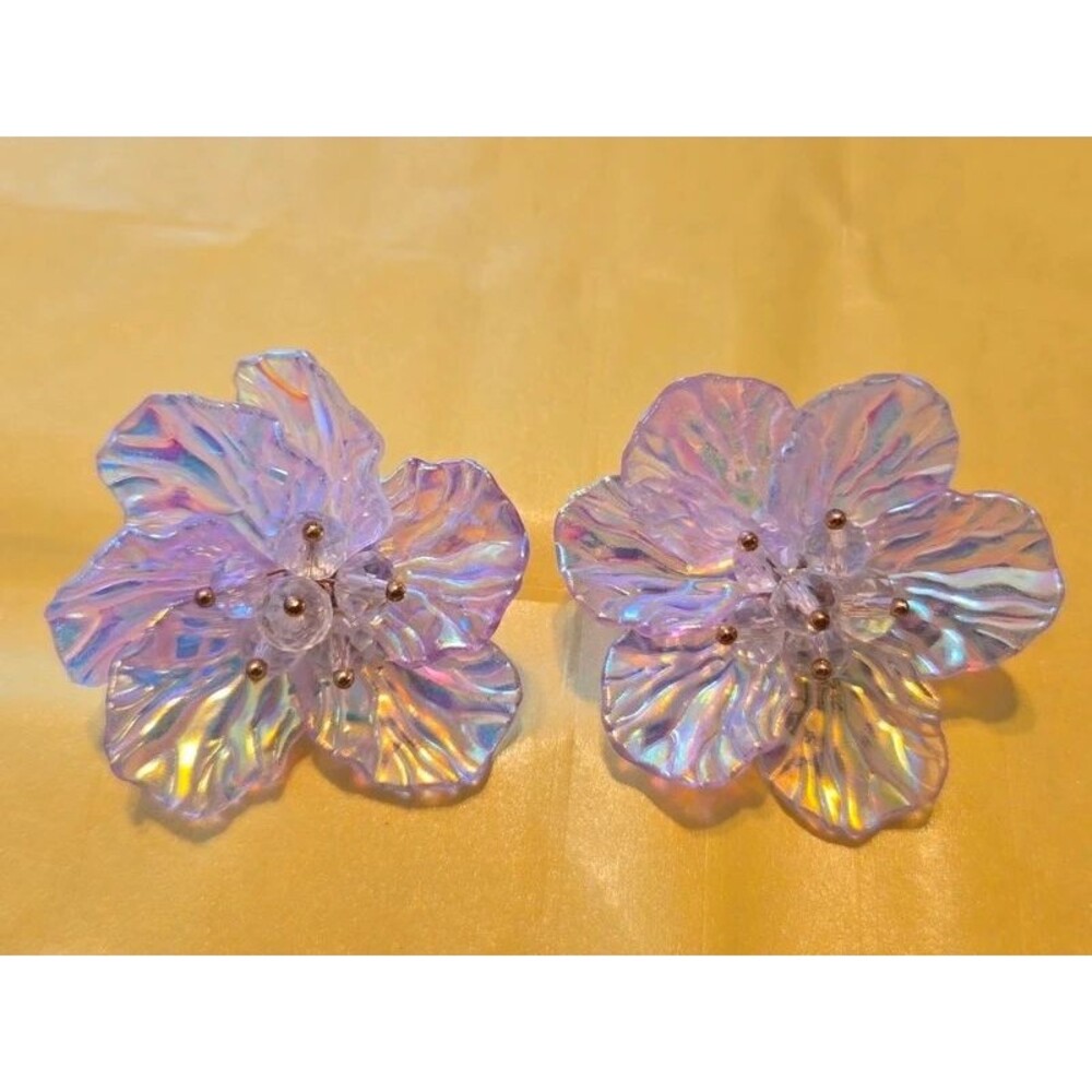 Handmade Iridescent Flower Clip On Earrings Floral Statement Mermaidcore 3D